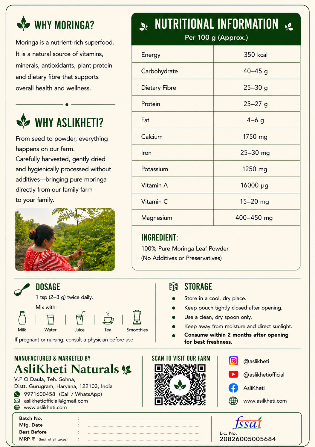 Back of package - Nutrition Info